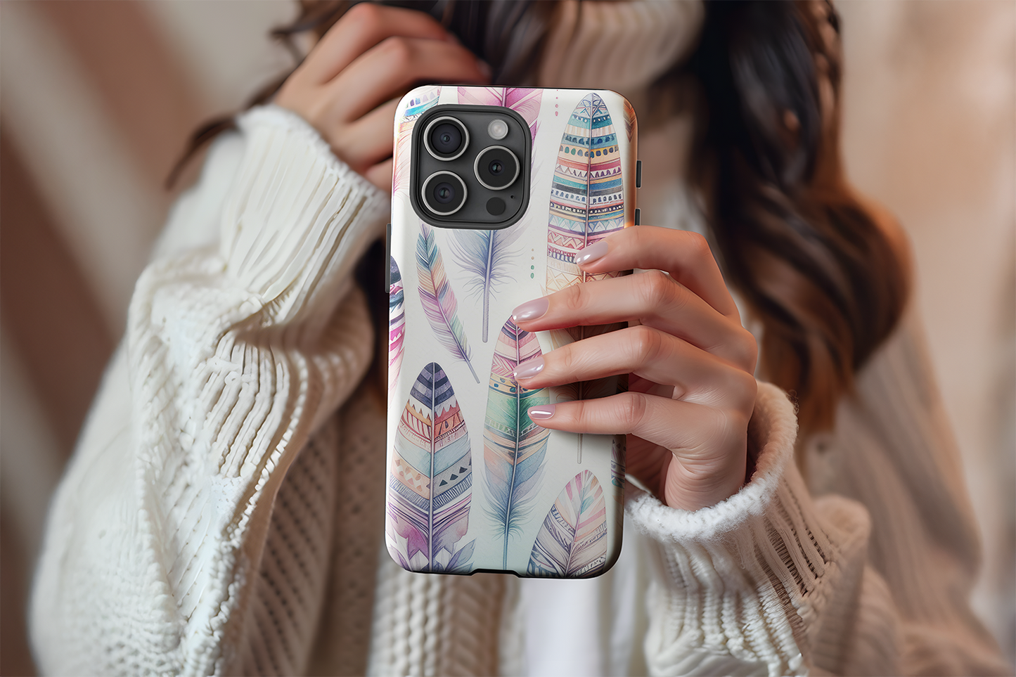 A cute girl holding our Big Feather design phone case