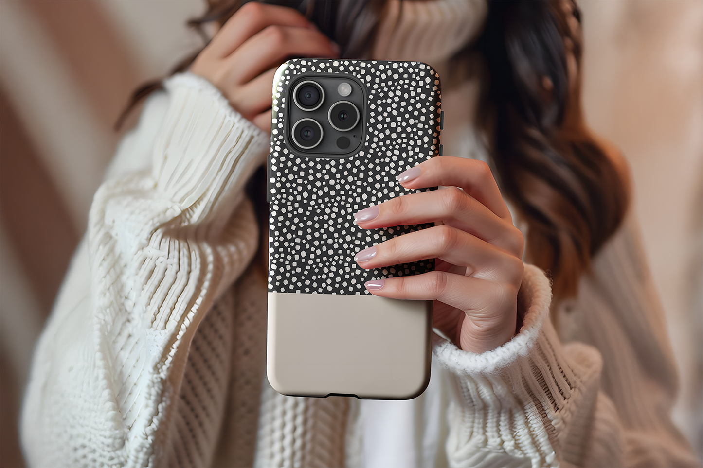 A cute girl holding our Black Spot design phone case