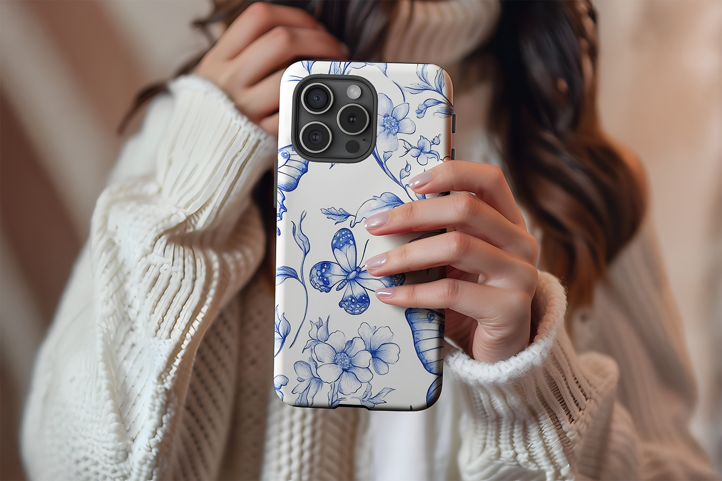 A cute girl holding our Blue Butterfly design phone case