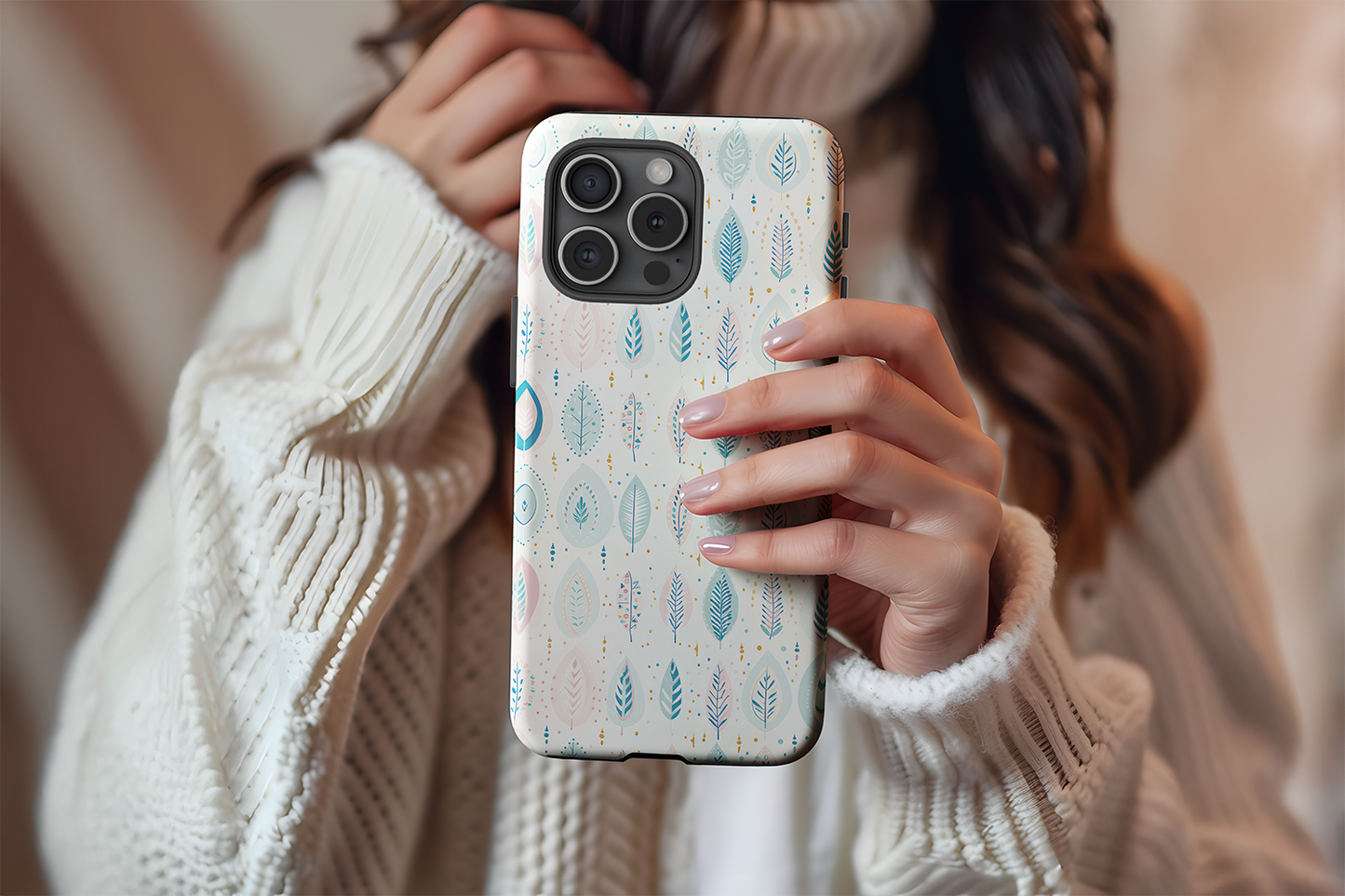 A cute girl holding our Bohemian Leaf design phone case