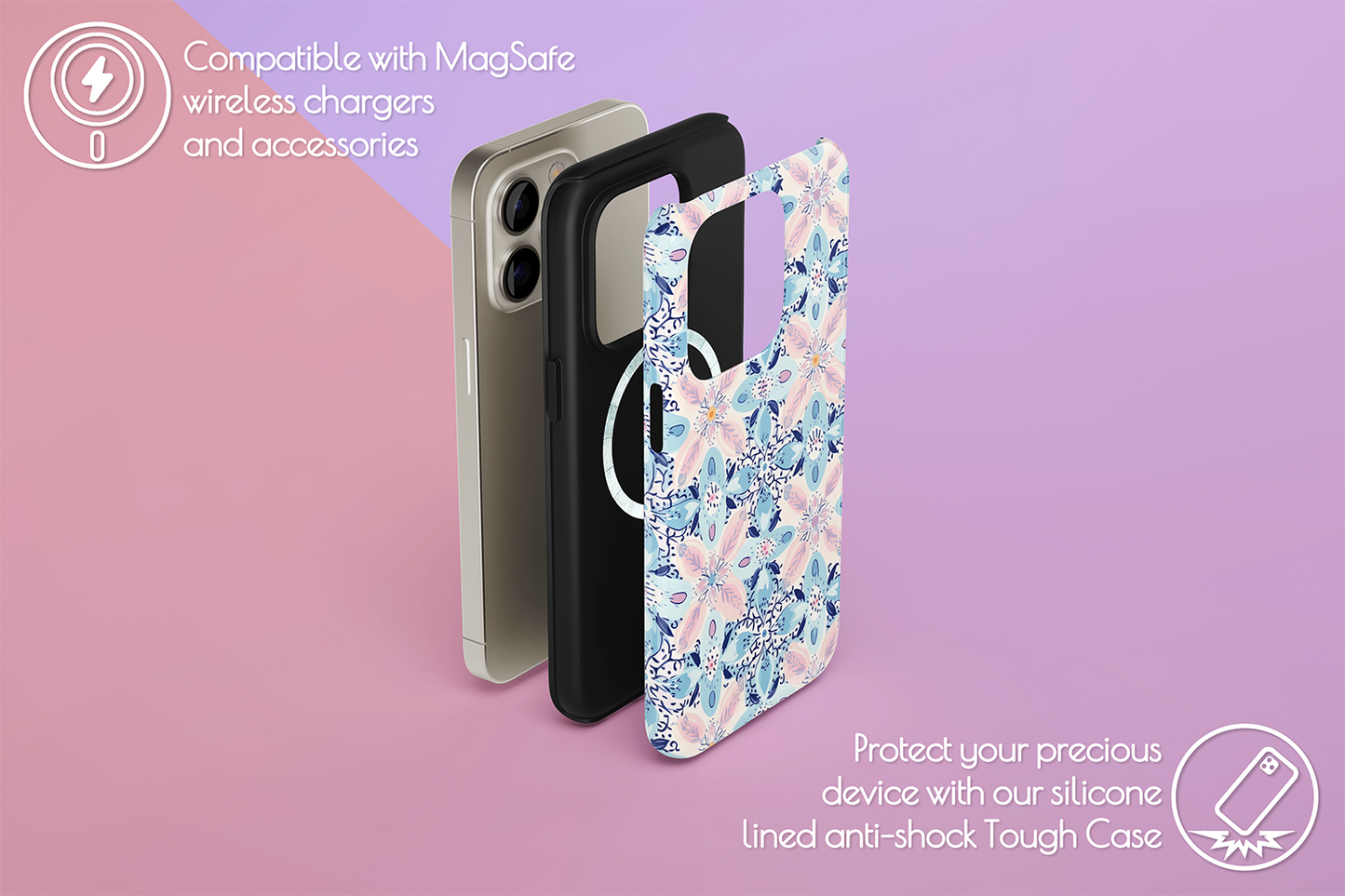 An example of our Magsafe compatible phone case with our Boho Mosaic design