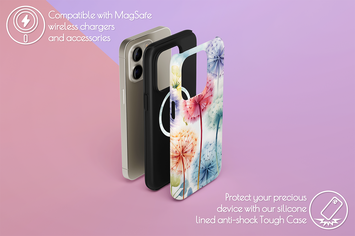 An example of our Magsafe compatible phone case with our Dandelion Dream design