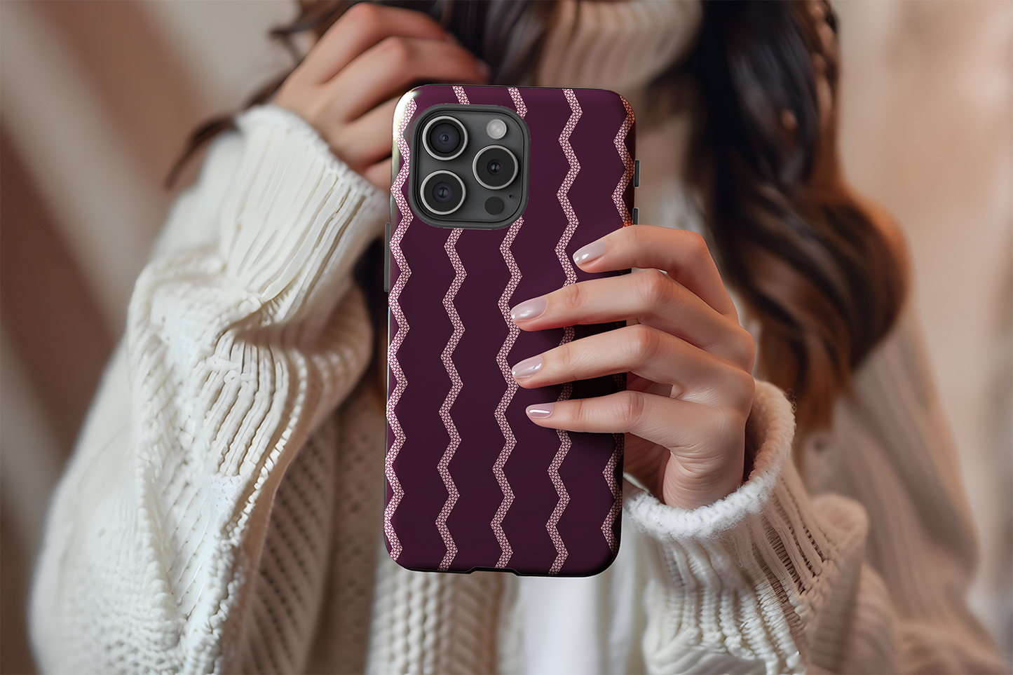 A cute girl holding our Deep Purple design phone case