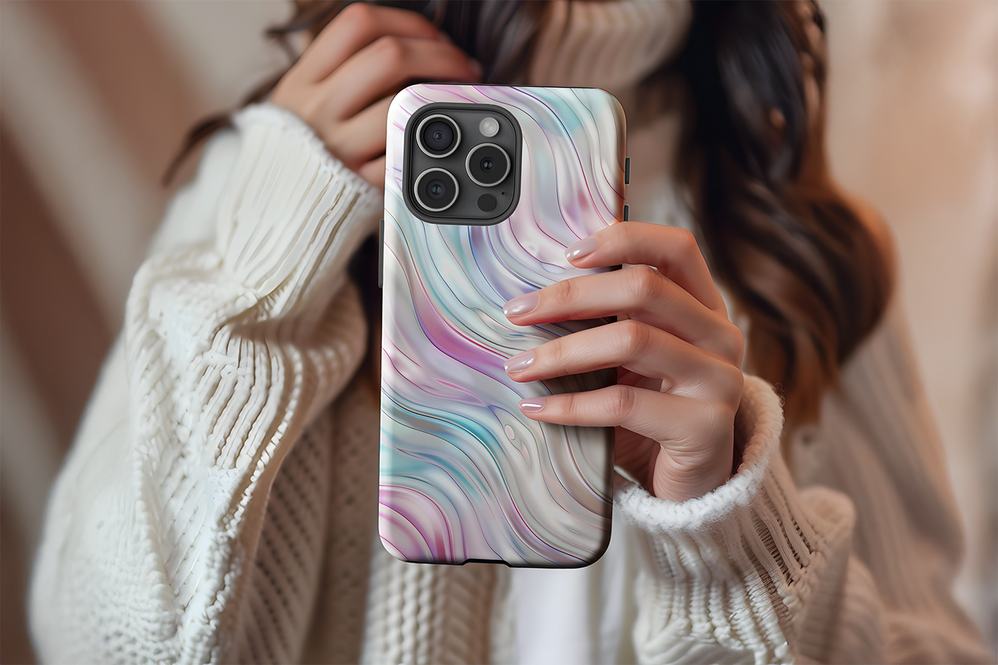 A cute girl holding our Dreamy Waves design phone case