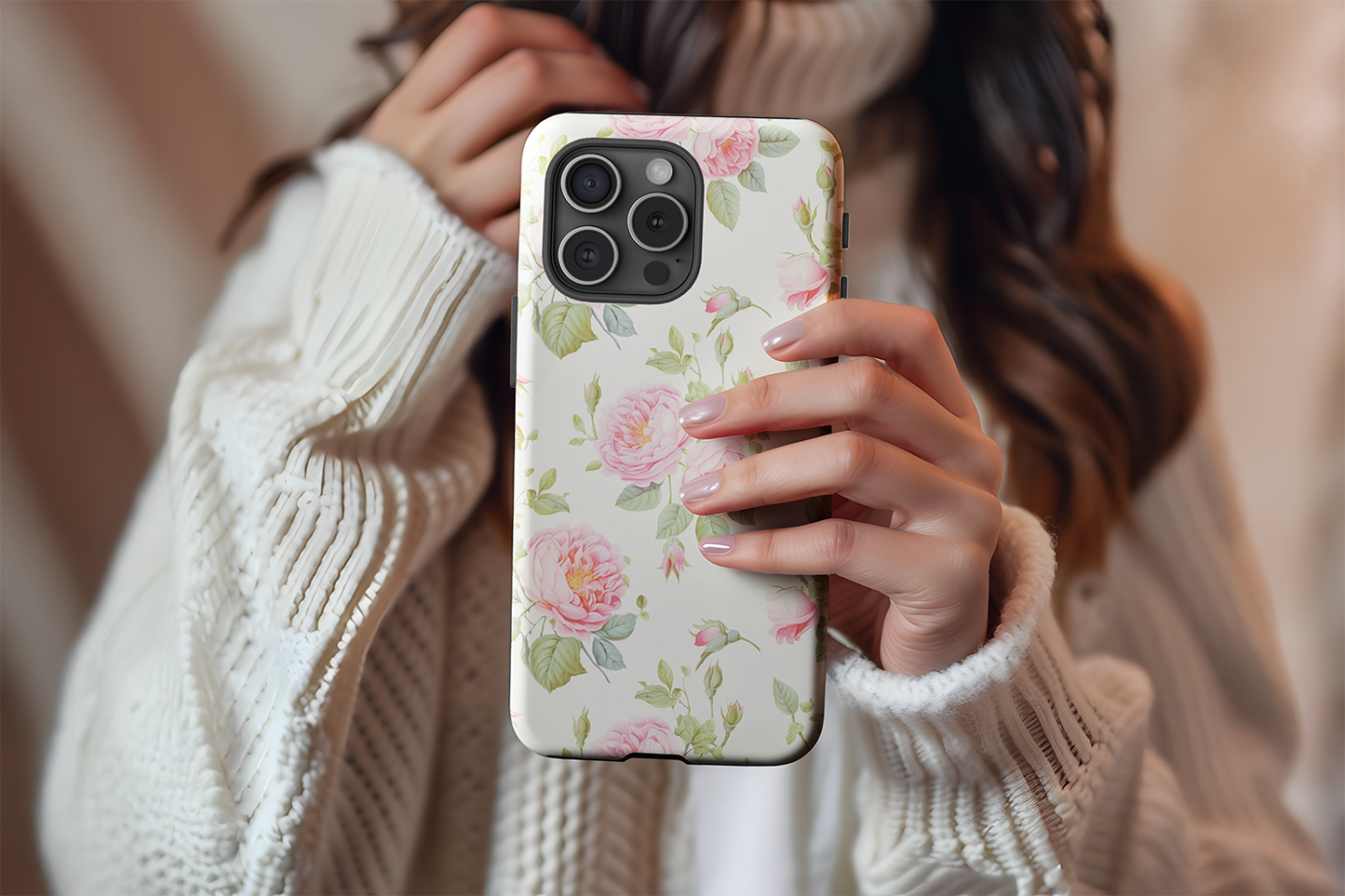 A cute girl holding our Englsh Rose design phone case