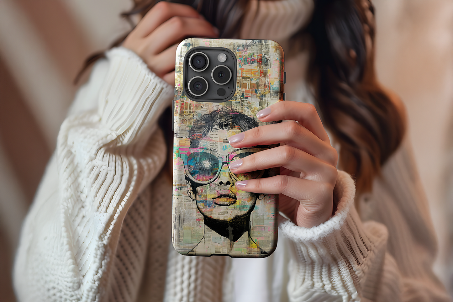 A cute girl holding our Face Time design phone case