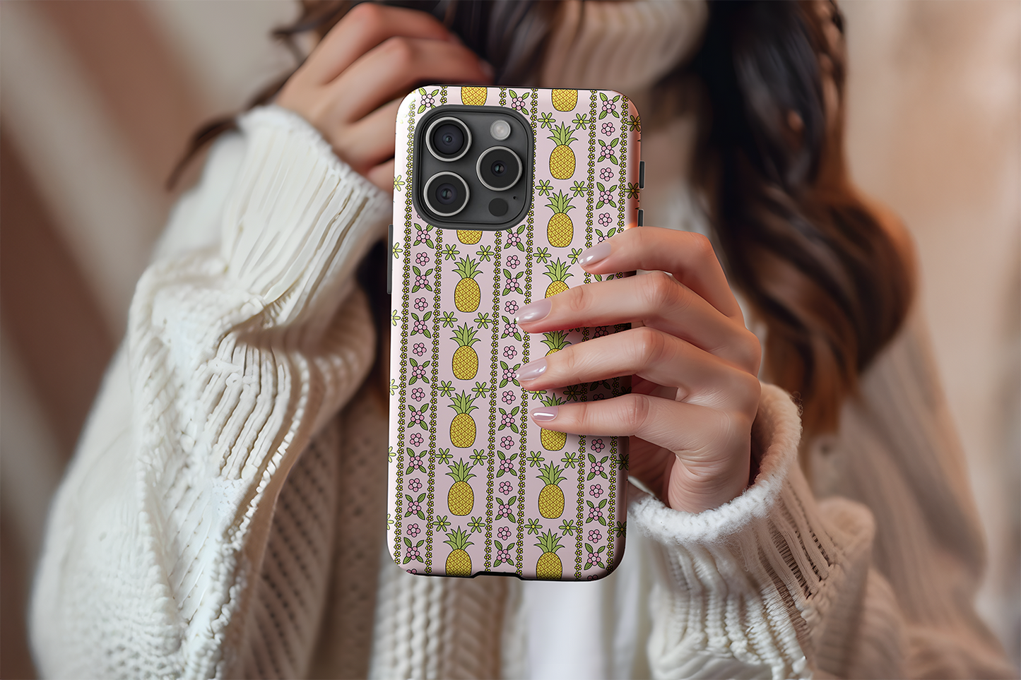 A cute girl holding our Fine Pineapple design phone case