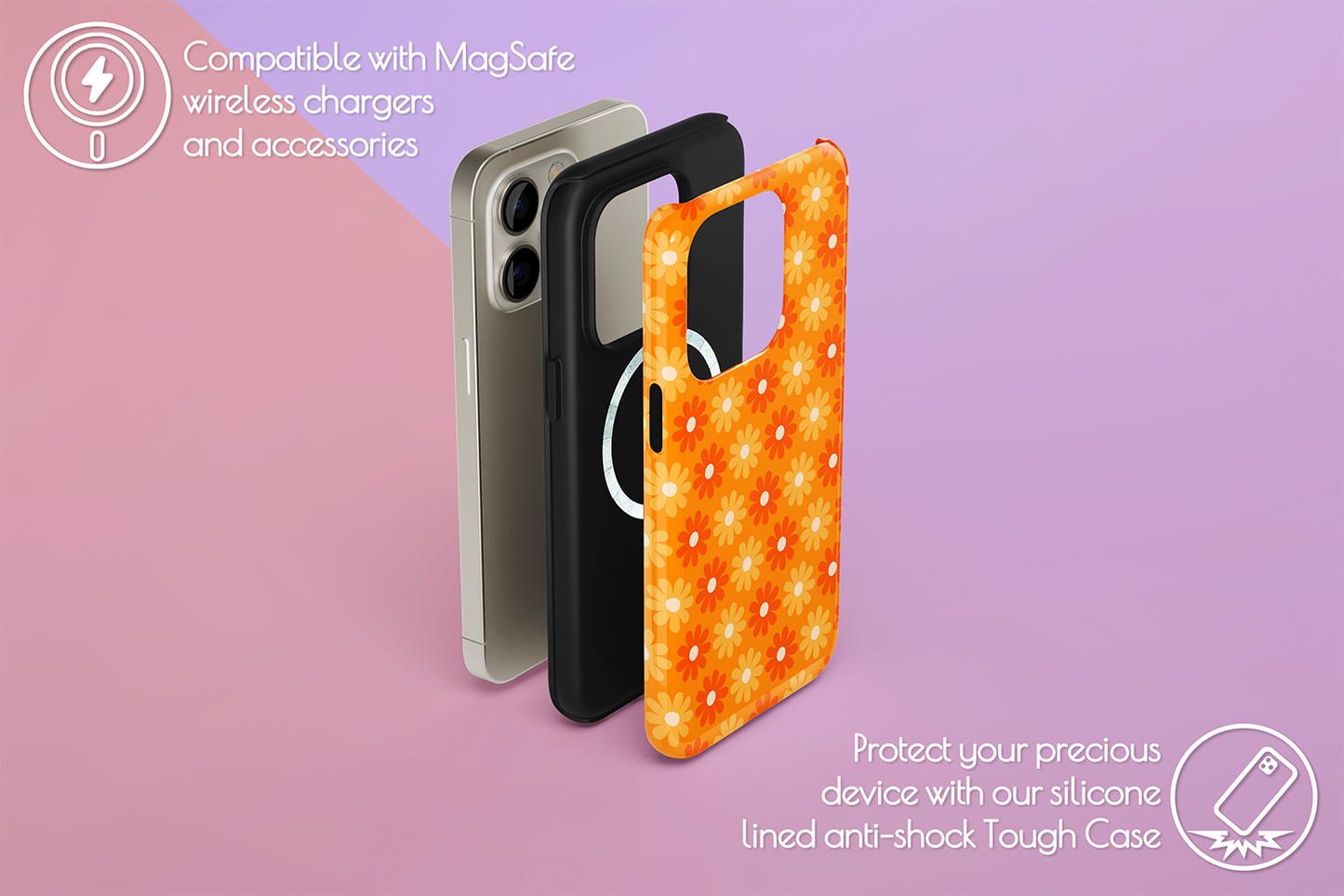 An example of our Magsafe compatible phone case with our Flaming Daisy design