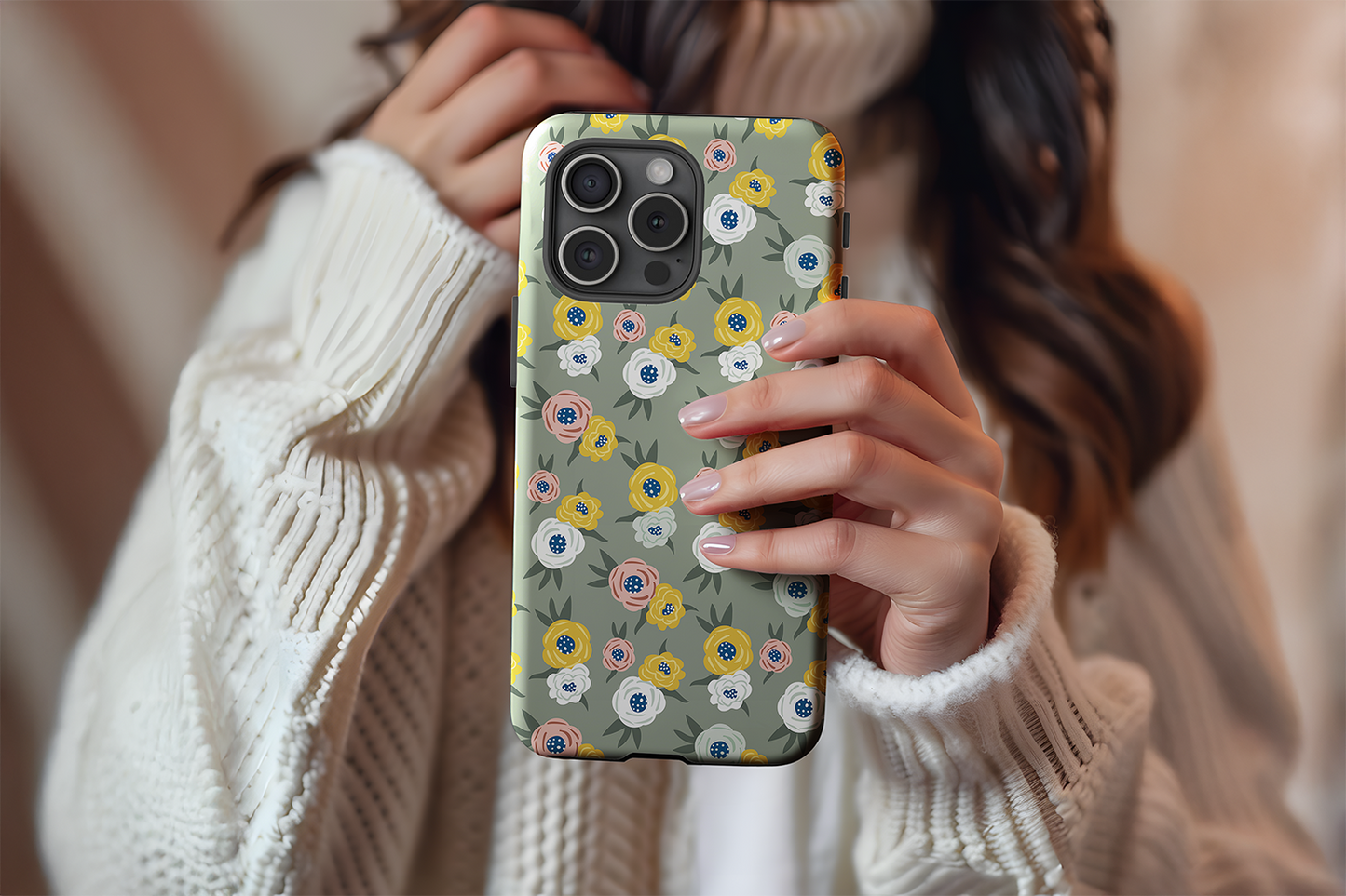 A cute girl holding our Green Floral design phone case