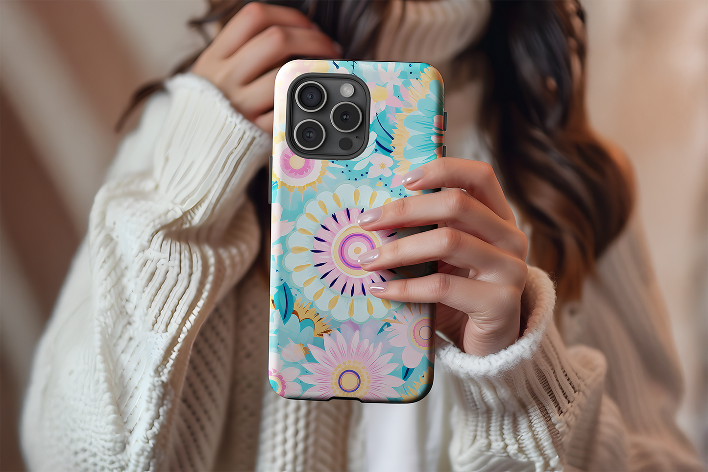 A cute girl holding our Hip Pea design phone case