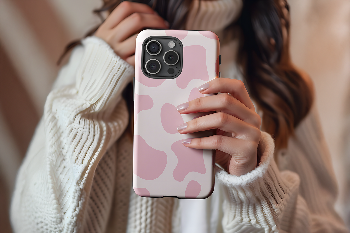 A cute girl holding our Holy Cow design phone case