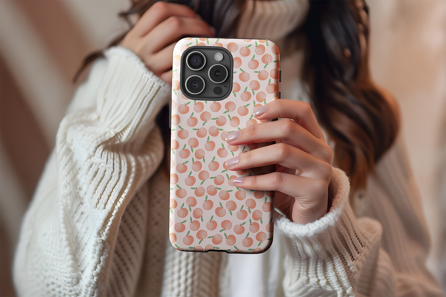 A cute girl holding our Just Peachy design phone case