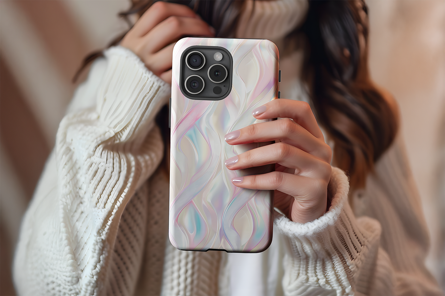 A cute girl holding our Lucid Dream design phone case