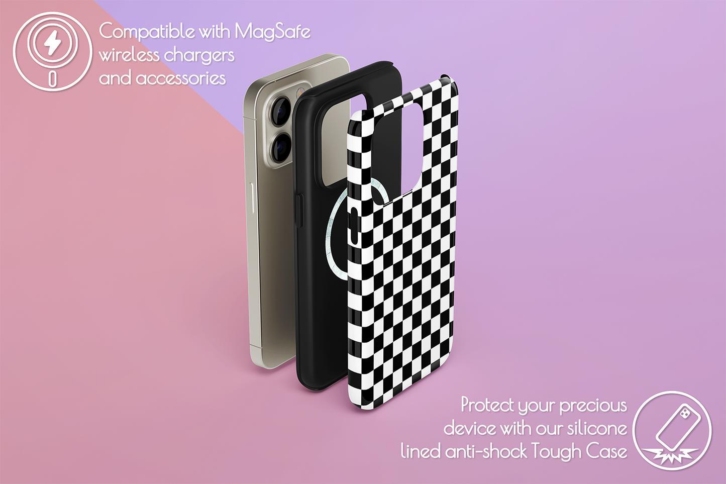 An example of our Magsafe compatible phone case with our Mono Checkerboard design