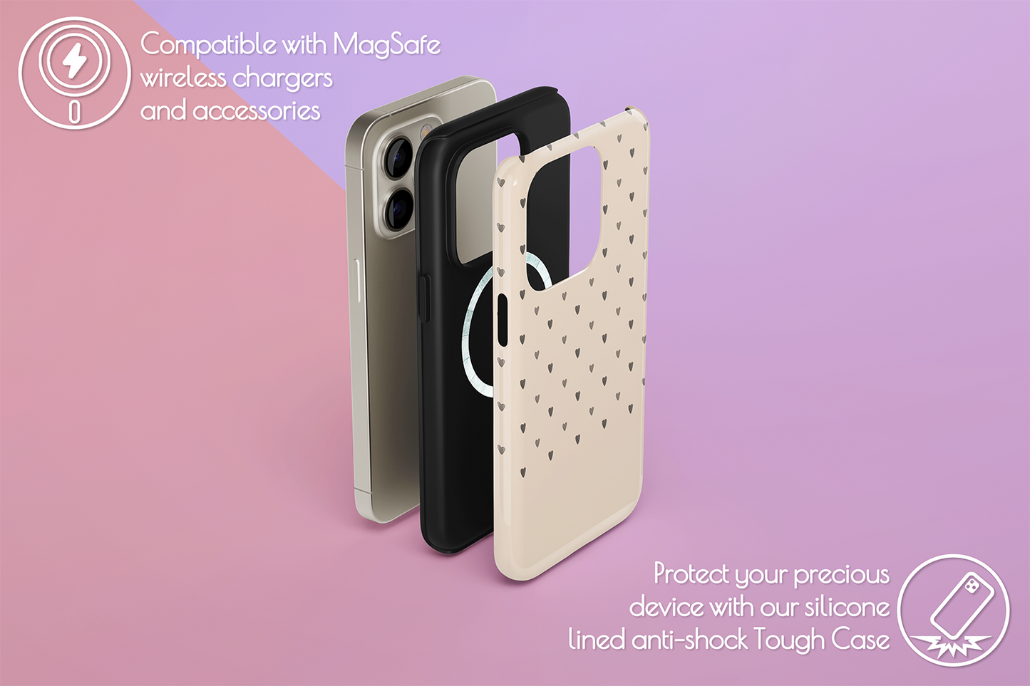 An example of our Magsafe compatible phone case with our Neutral Hearts design
