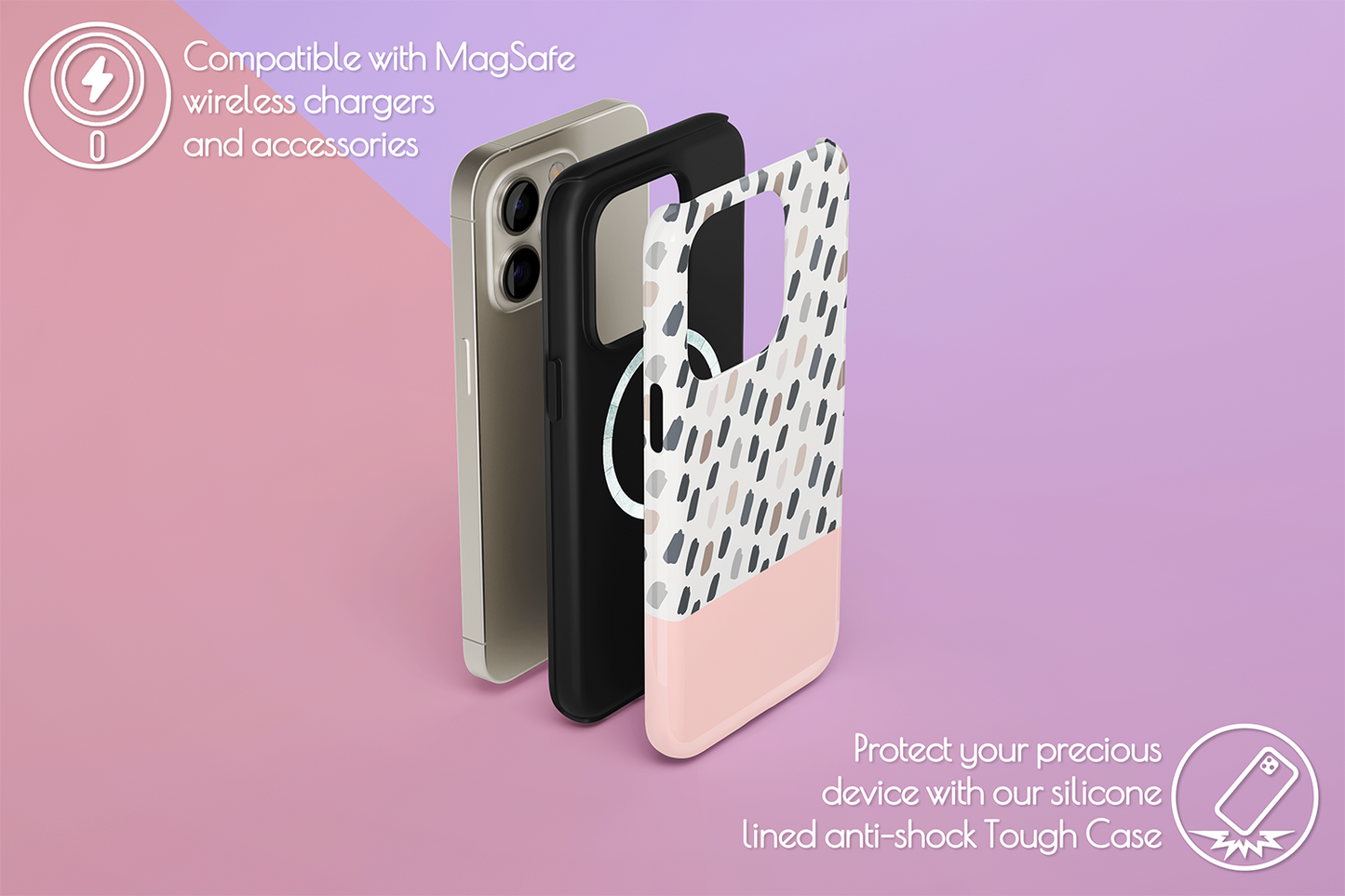 An example of our Magsafe compatible phone case with our Pink Mocca design