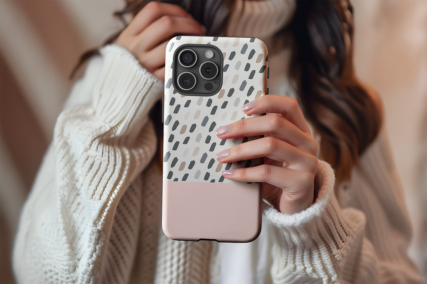 A cute girl holding our Pink Mocca design phone case