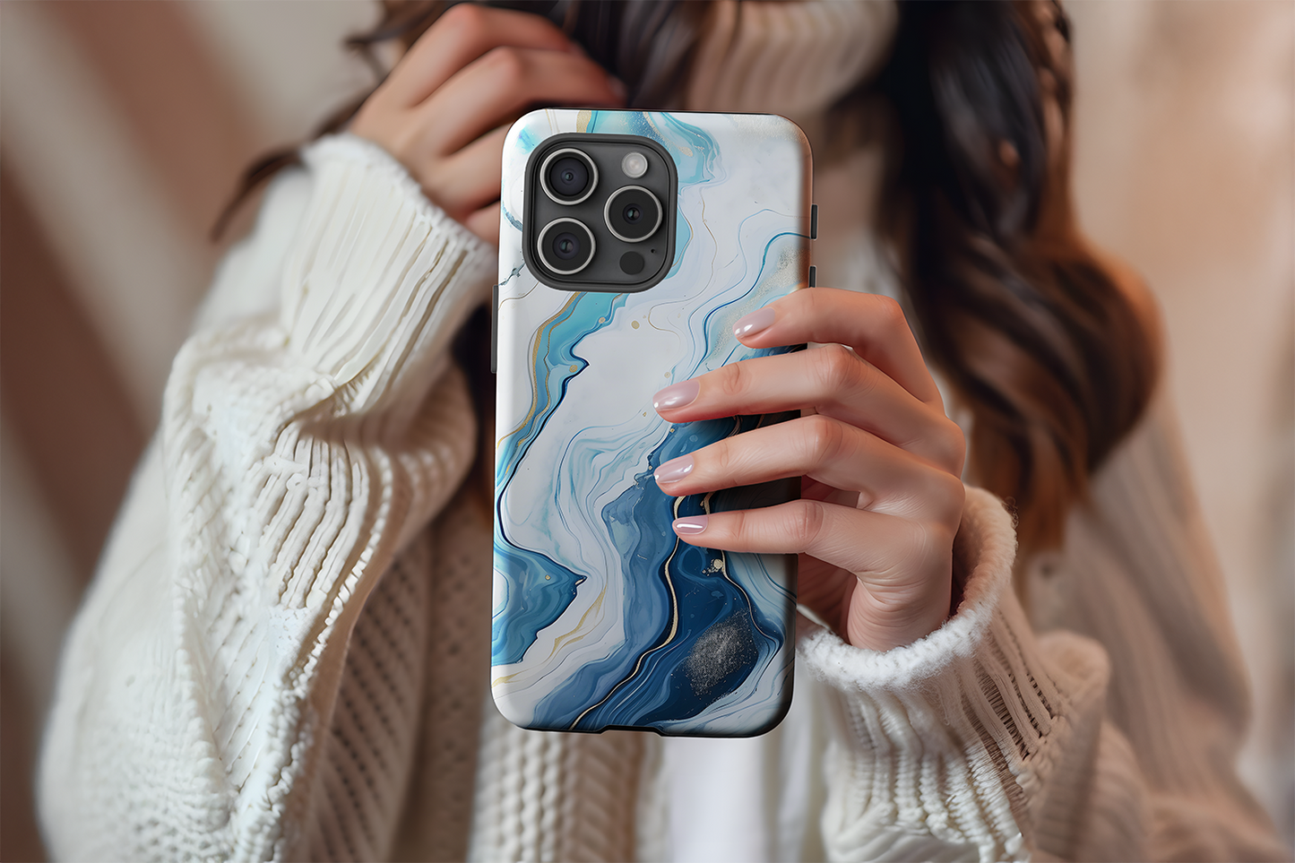 A cute girl holding our Opulent Blue design phone case