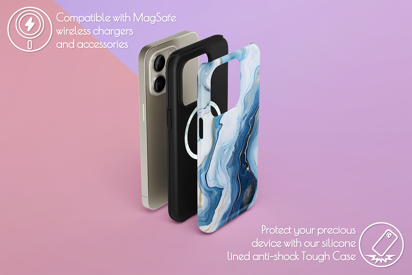 An example of our Magsafe compatible phone case with our Opulent Blue design