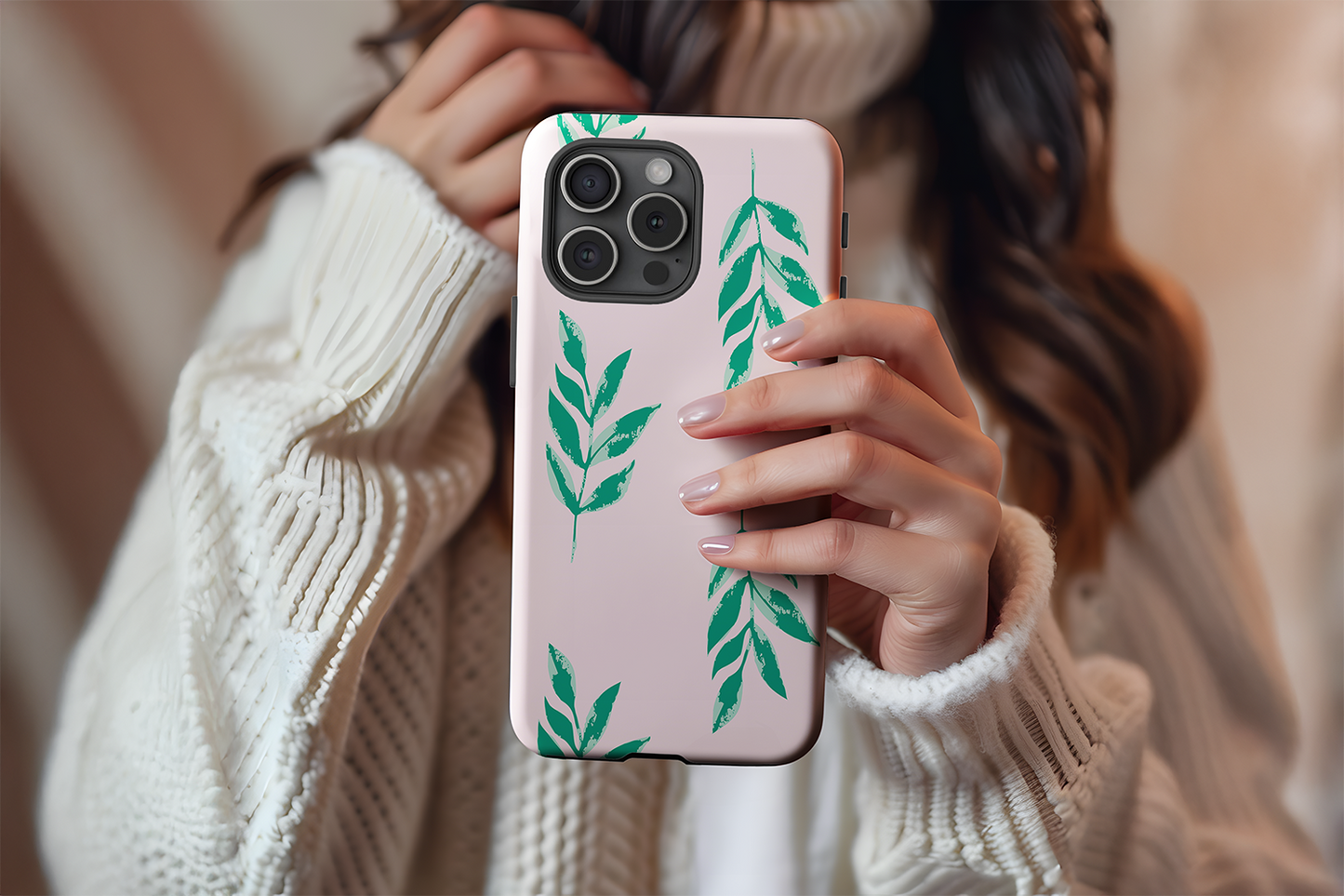 A cute girl holding our Palm Leaf design phone case