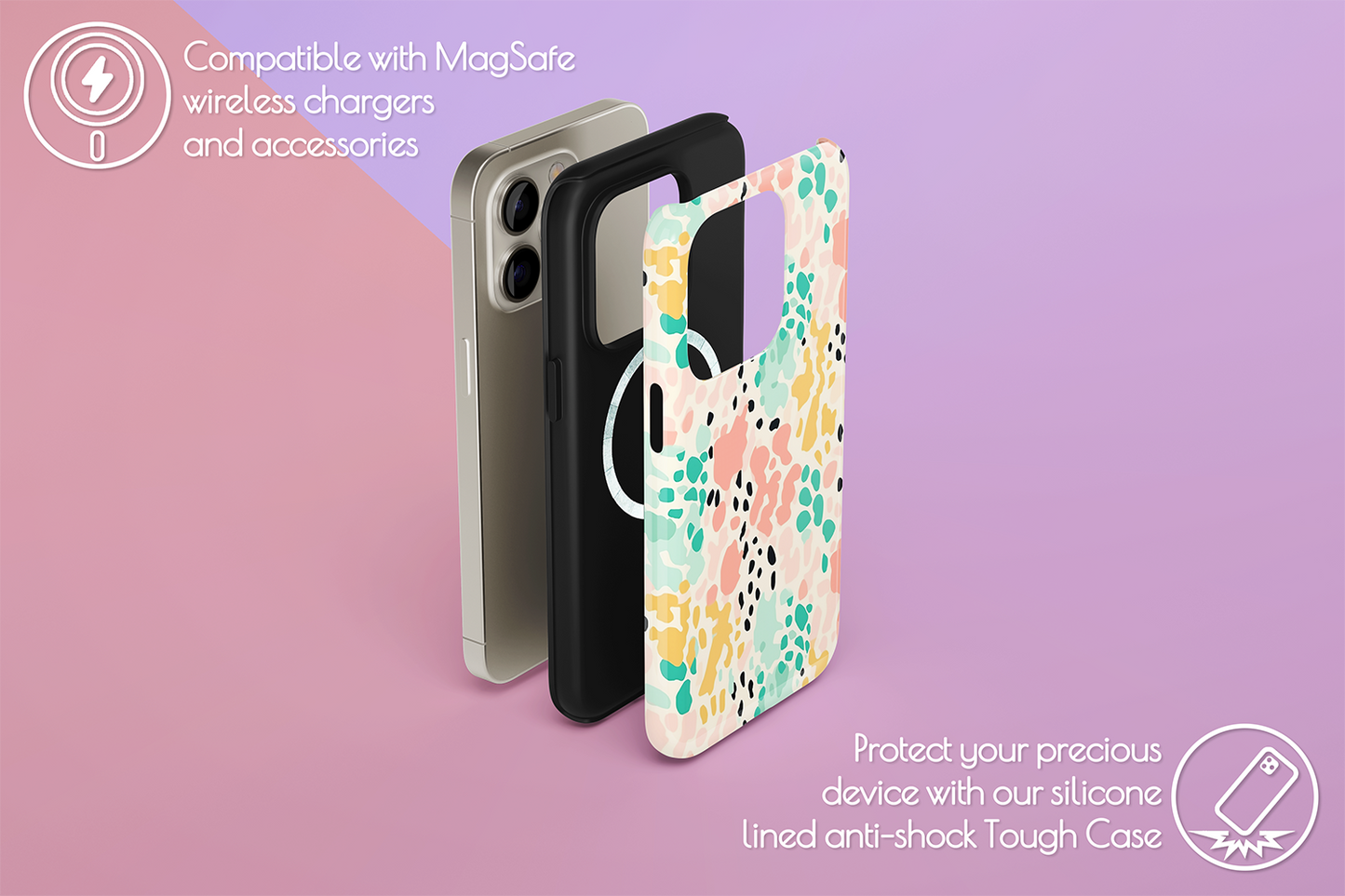 An example of our Magsafe compatible phone case with our Pastel Rascal design