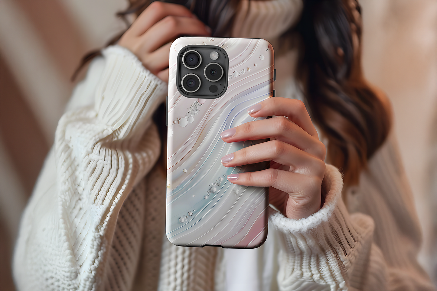 A cute girl holding our Pearly Dream design phone case