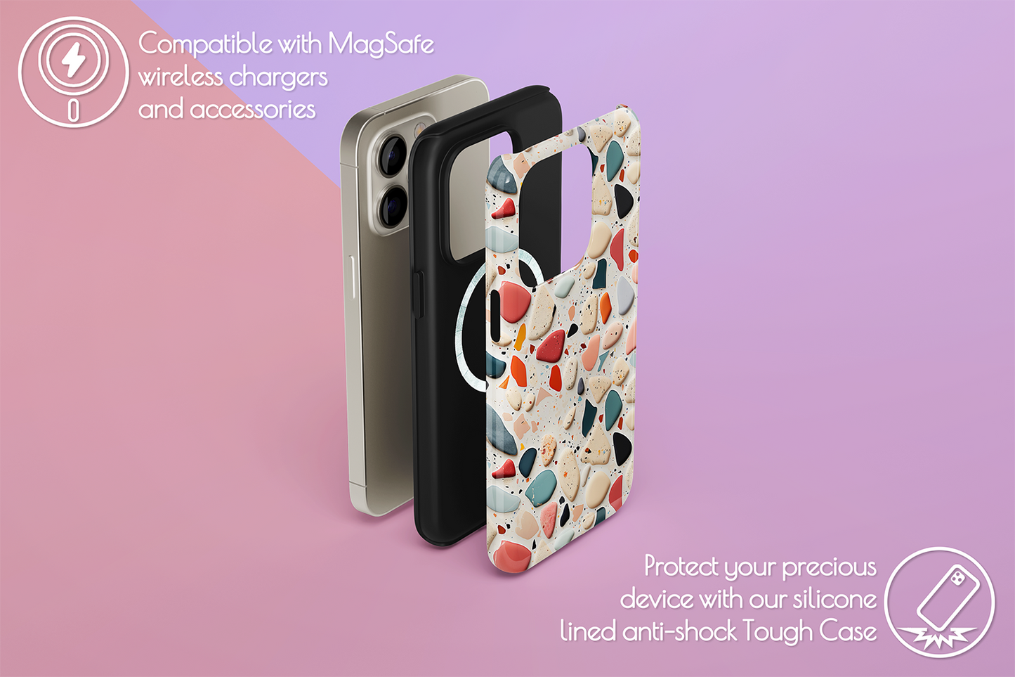 An example of our Magsafe compatible phone case with our Pebble Dash design