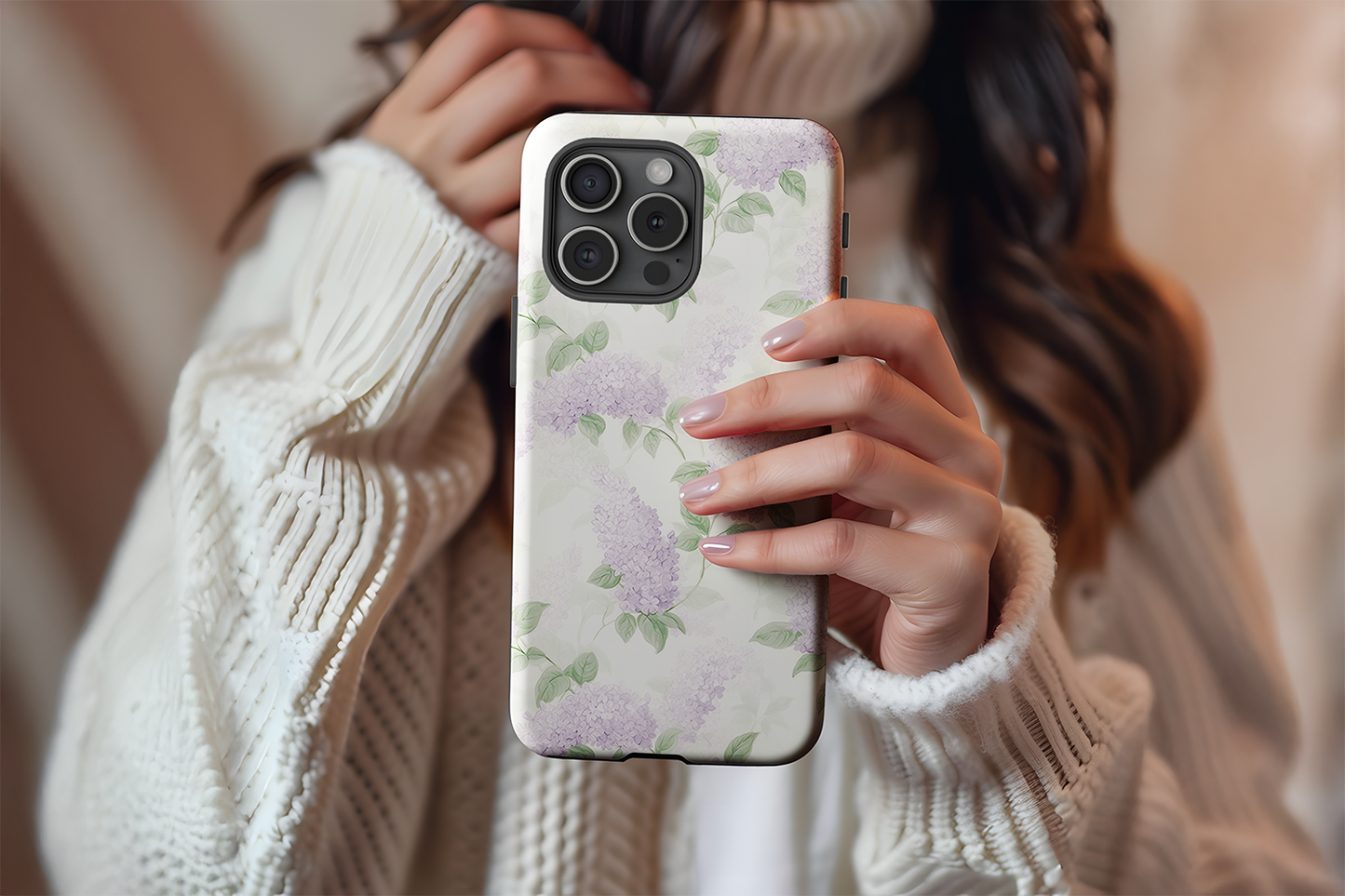 A cute girl holding our Pretty Lilacs design phone case