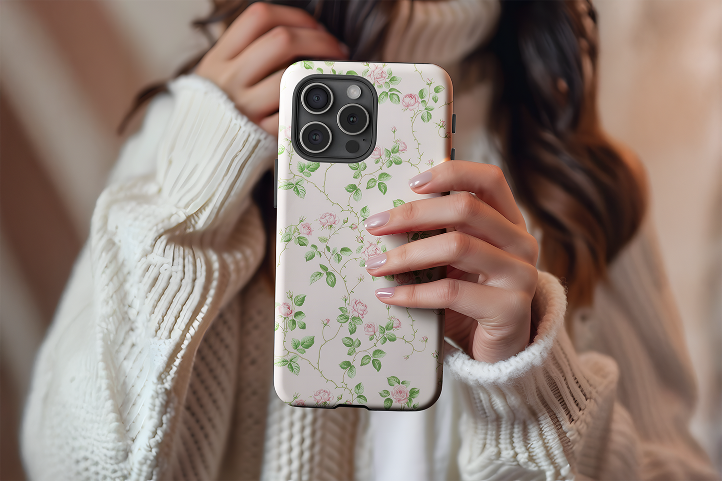 A cute girl holding our Rose Bush design phone case