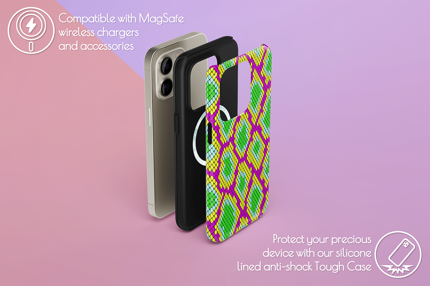 An example of our Magsafe compatible phone case with our Snake Charmer design