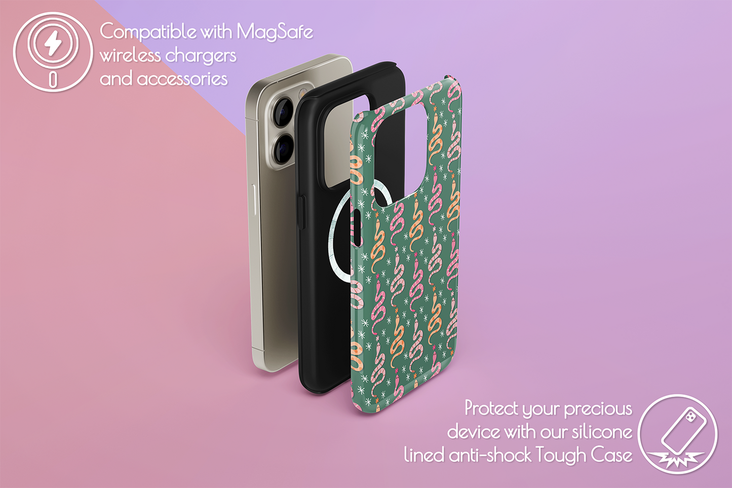 An example of our Magsafe compatible phone case with our Sneaky Snakes design