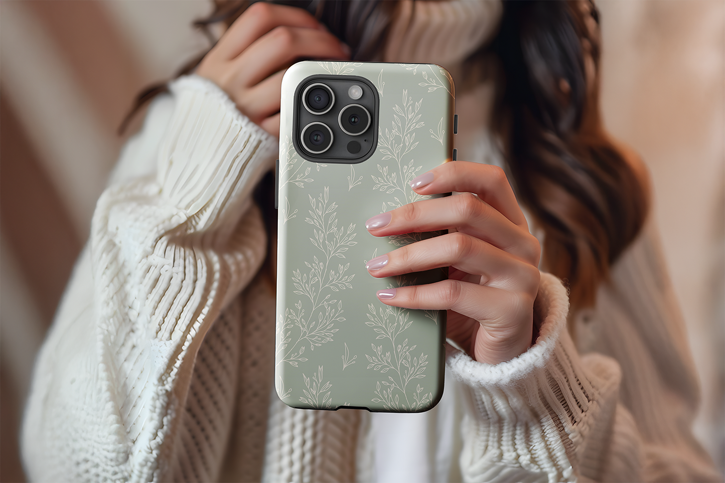 A cute girl holding our Soft Green design phone case