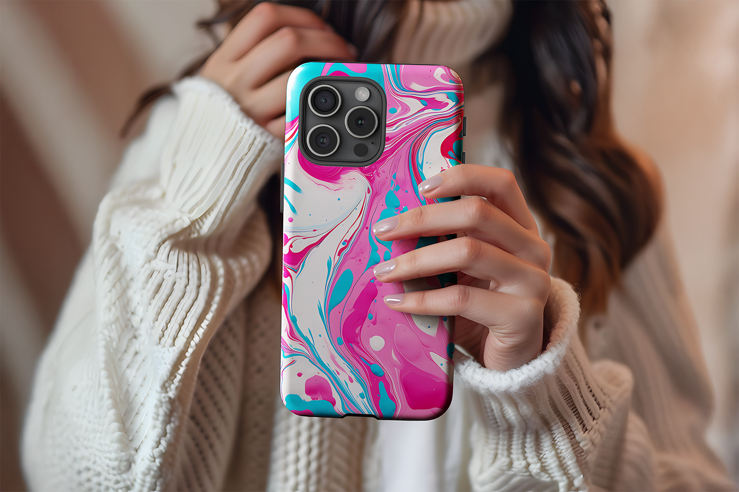 A cute girl holding our Splash Down design phone case