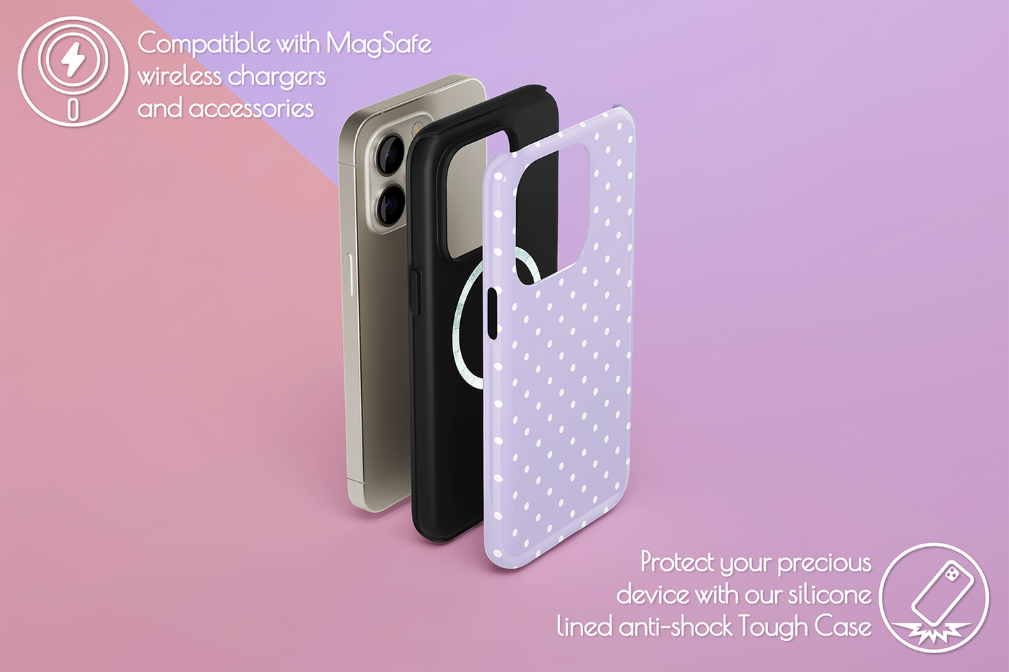 An example of our Magsafe compatible phone case with our Spotted Lilac design