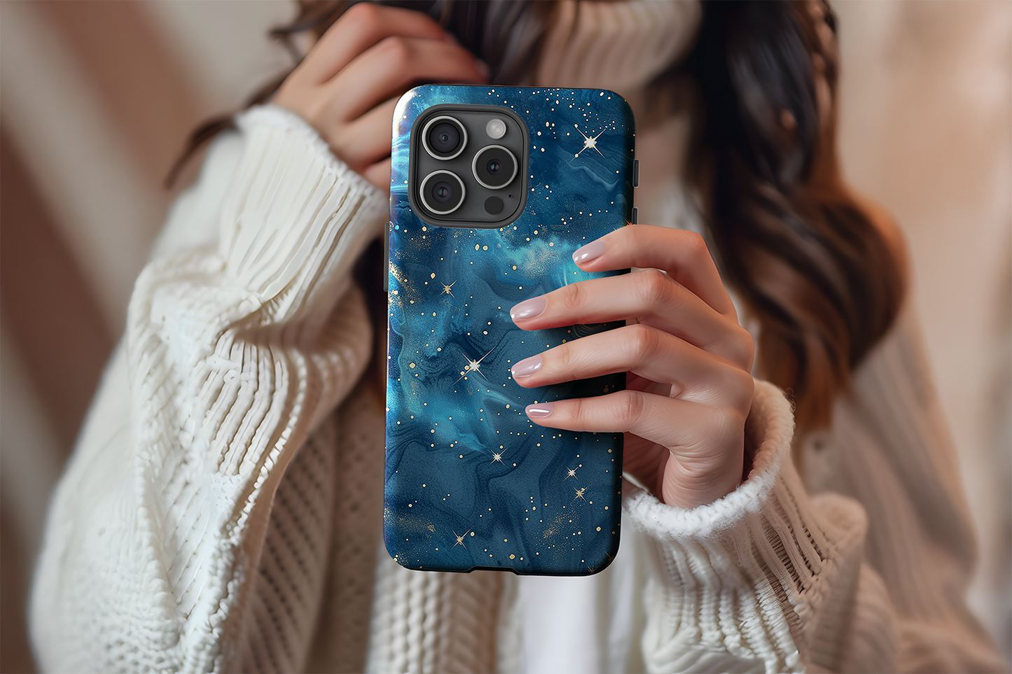 A cute girl holding our Starry Night design phone case