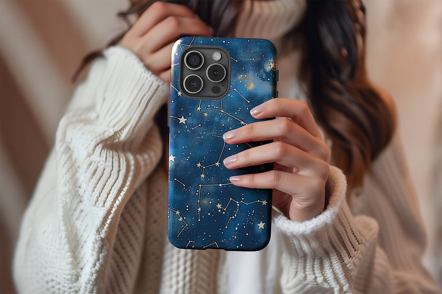 A cute girl holding our Stellar Sky design phone case