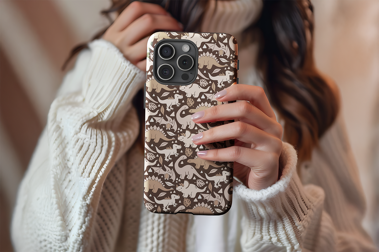A cute girl holding our Subtle Dino design phone case