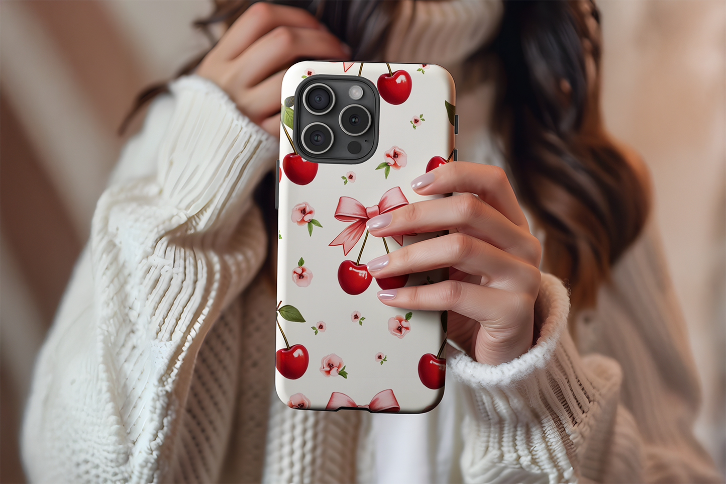 A cute girl holding our Tied With a Bow design phone case