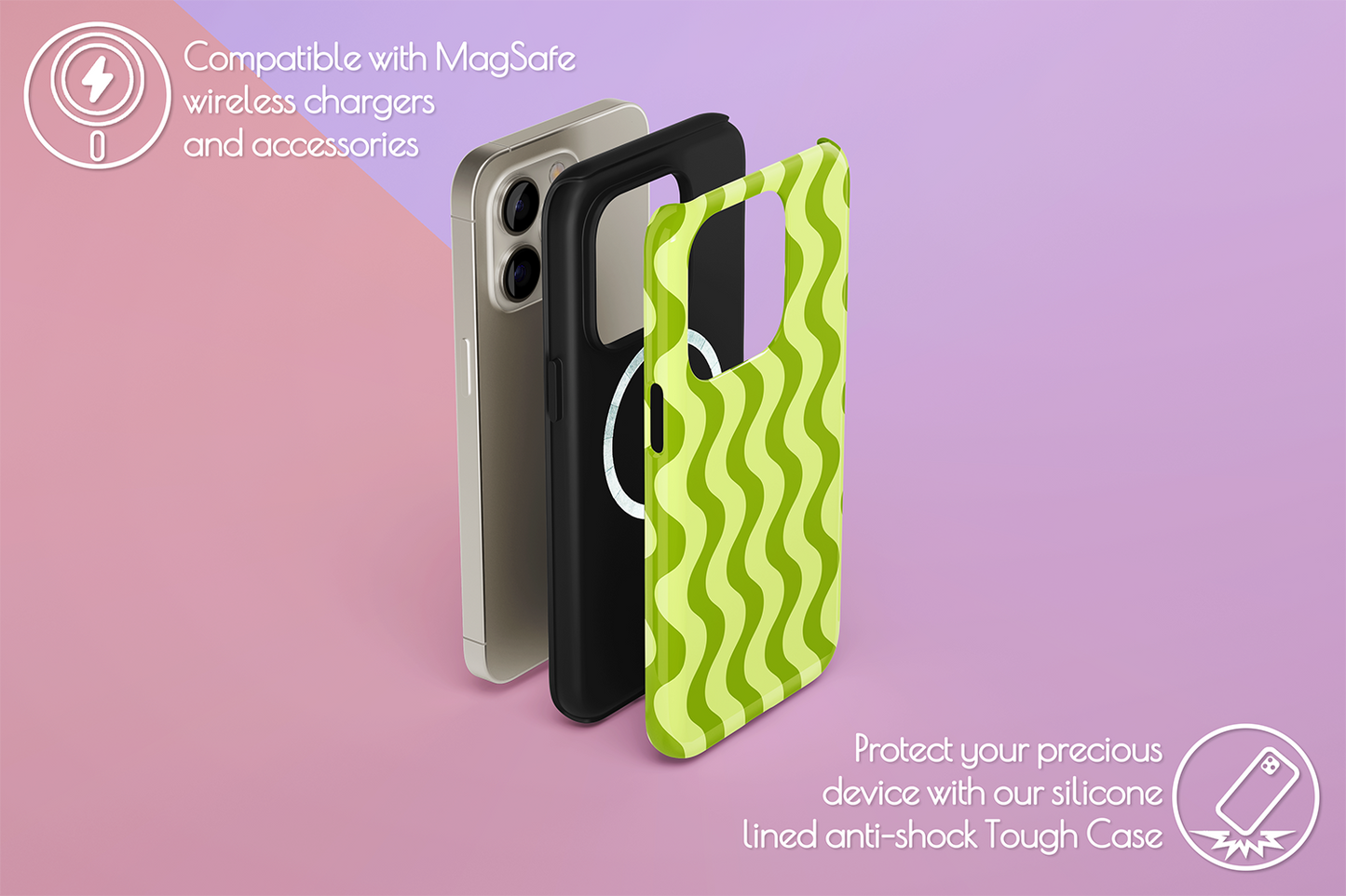 An example of our Magsafe compatible phone case with our Wiggle Waggle design
