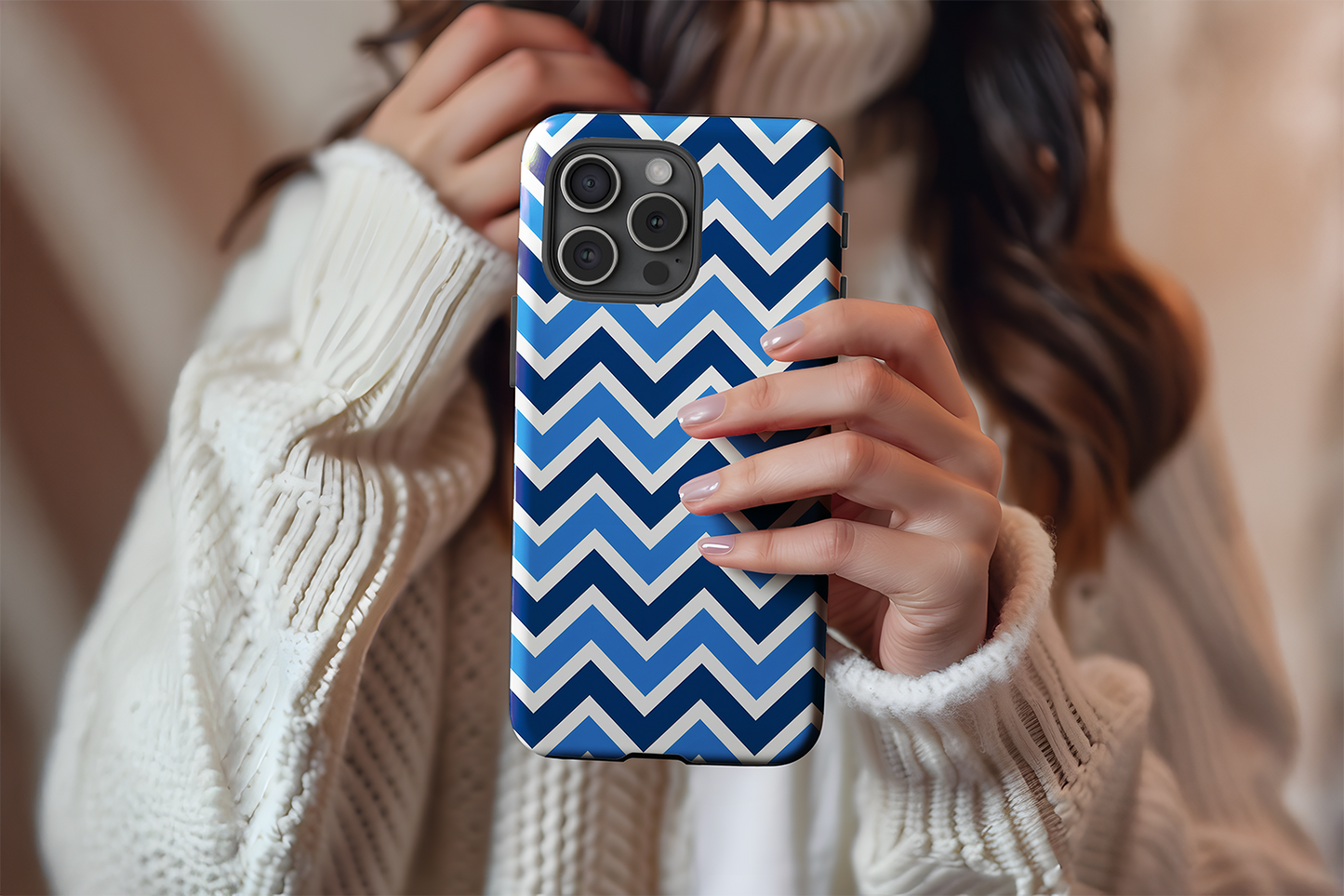 A cute girl holding our Zig design phone case