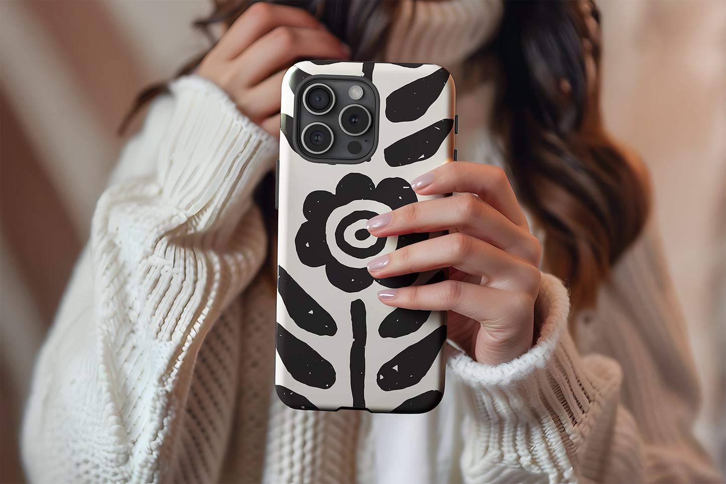 A cute girl holding our Abstract Flower design phone case