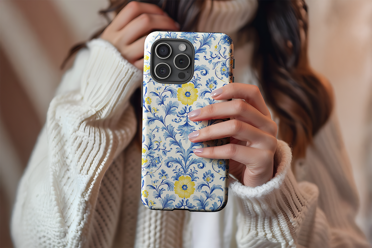 A cute girl holding our Blue And Yellow Floral design phone case