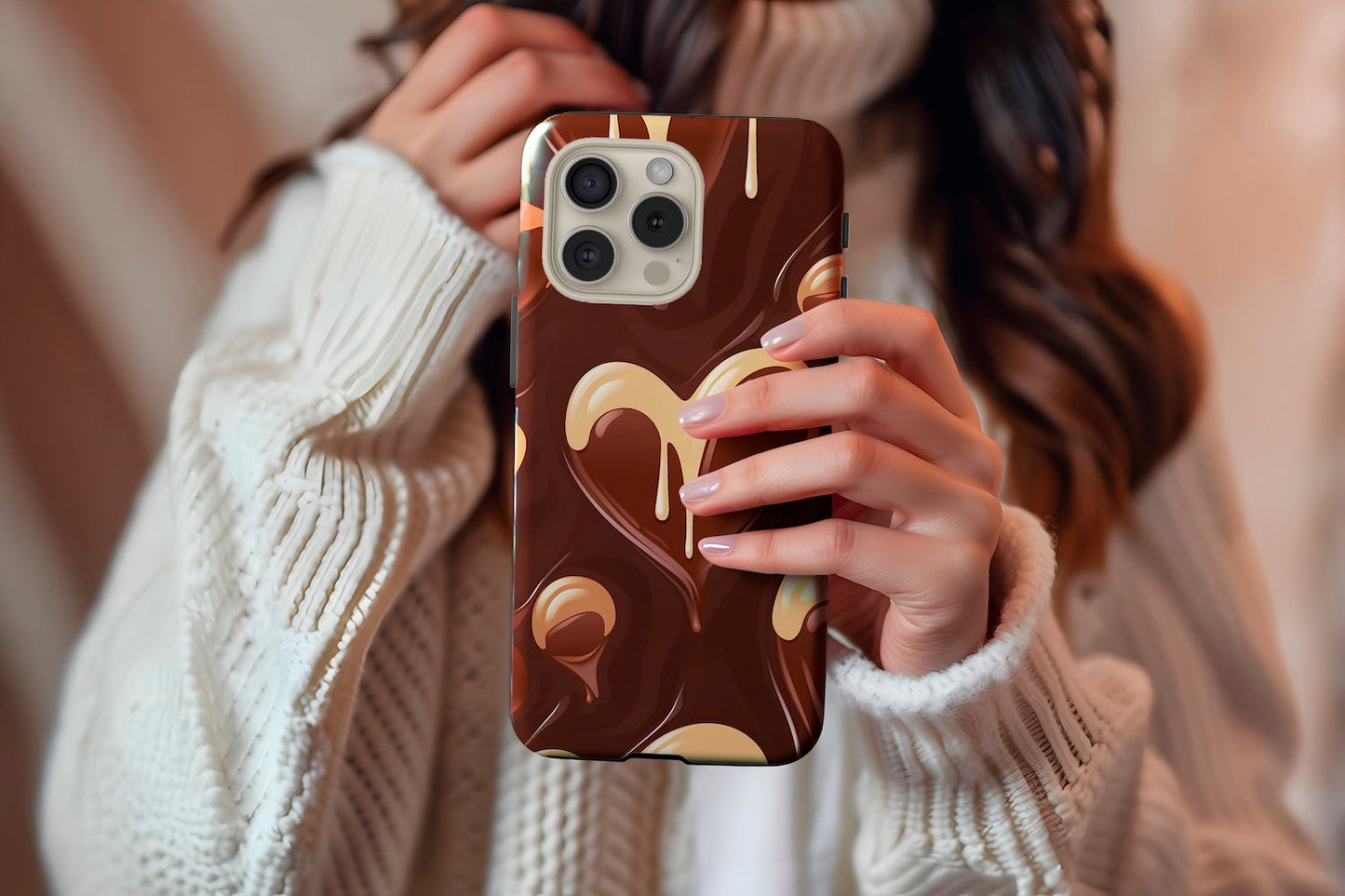 A cute girl holding our Chocolate Lover design phone case