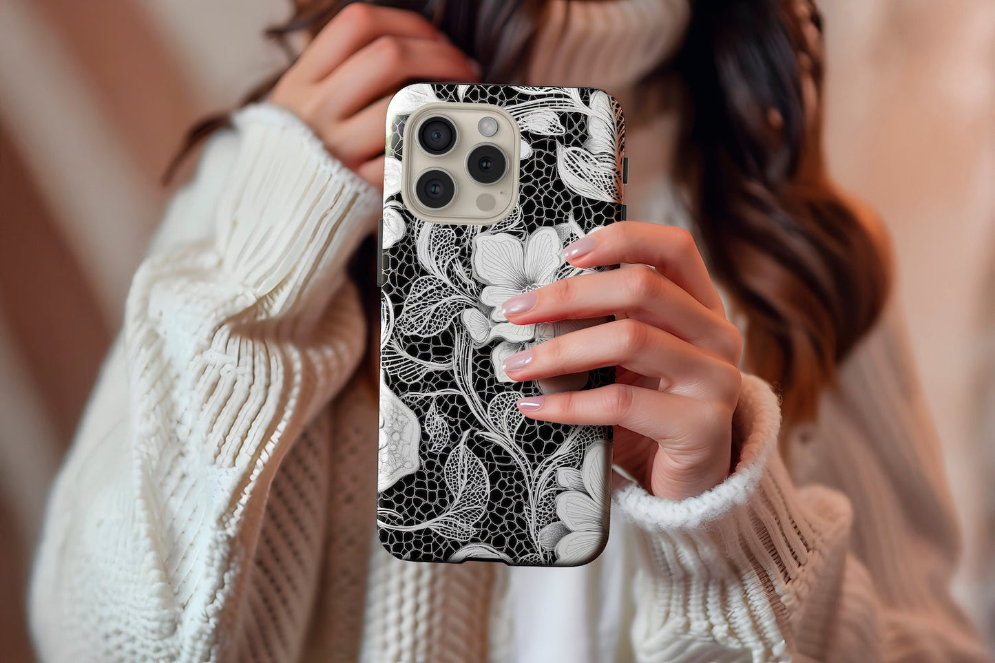 A cute girl holding our Dark Flower design phone case