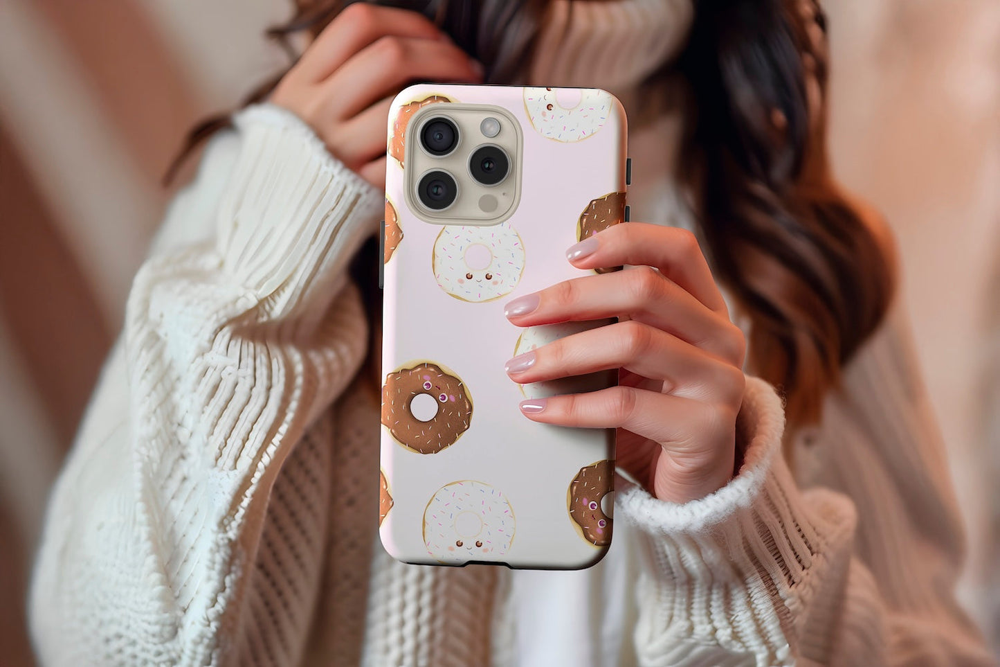 A cute girl holding our Donuts design phone case
