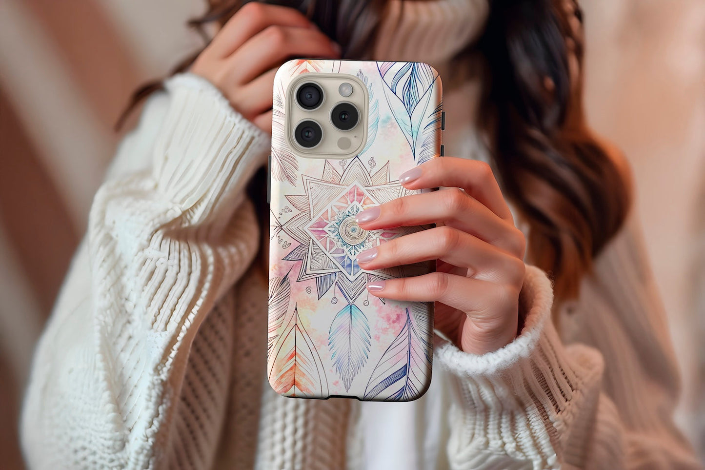 A cute girl holding our Dream Catcher design phone case