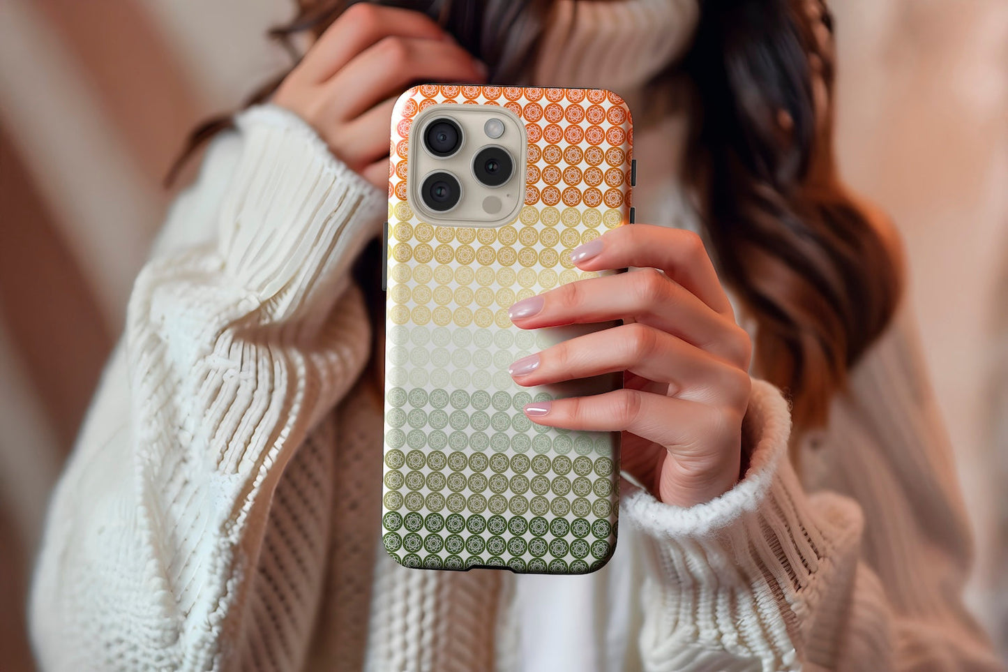 A cute girl holding our Gradient Floral Stripe design phone case