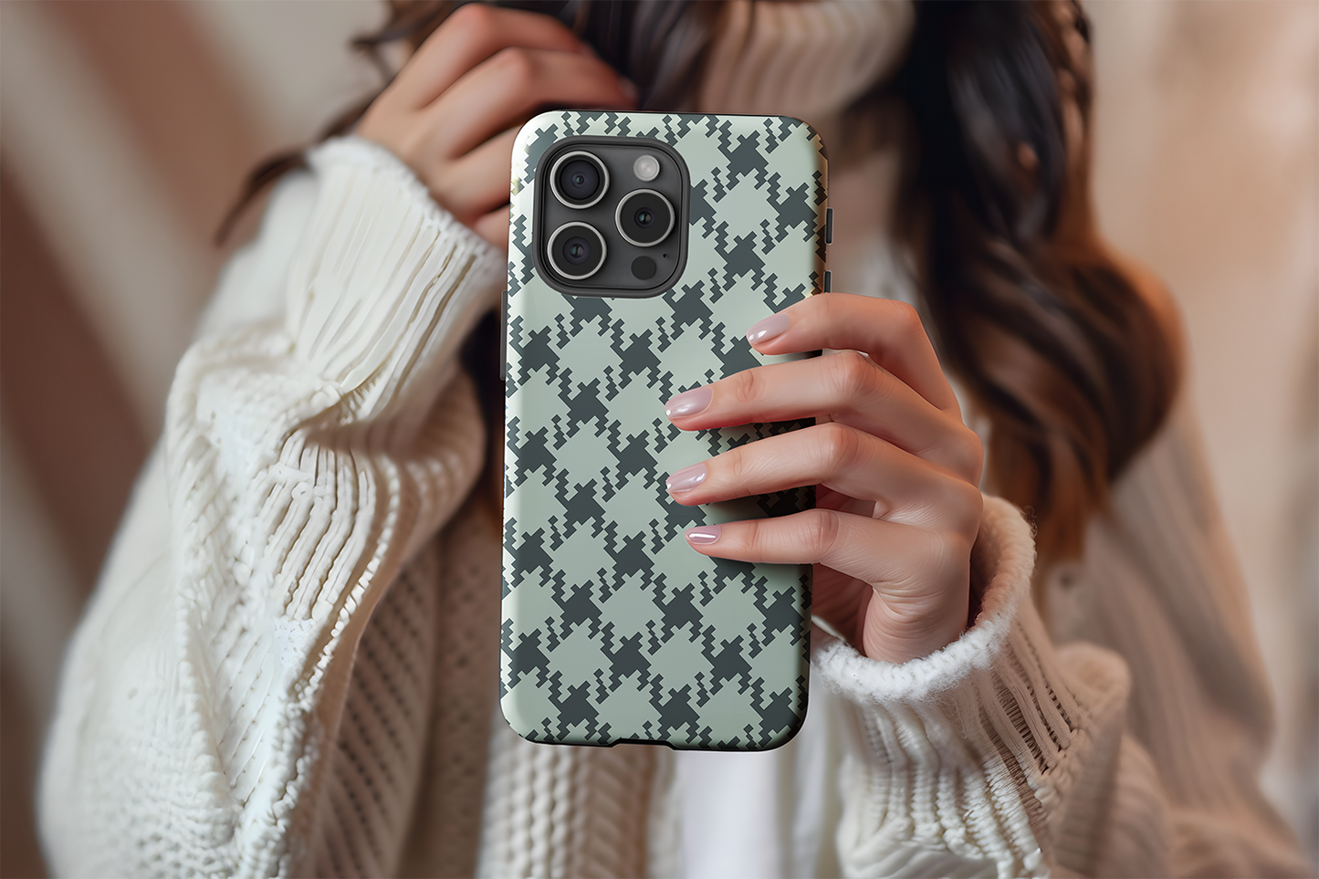 A cute girl holding our Green Check design phone case