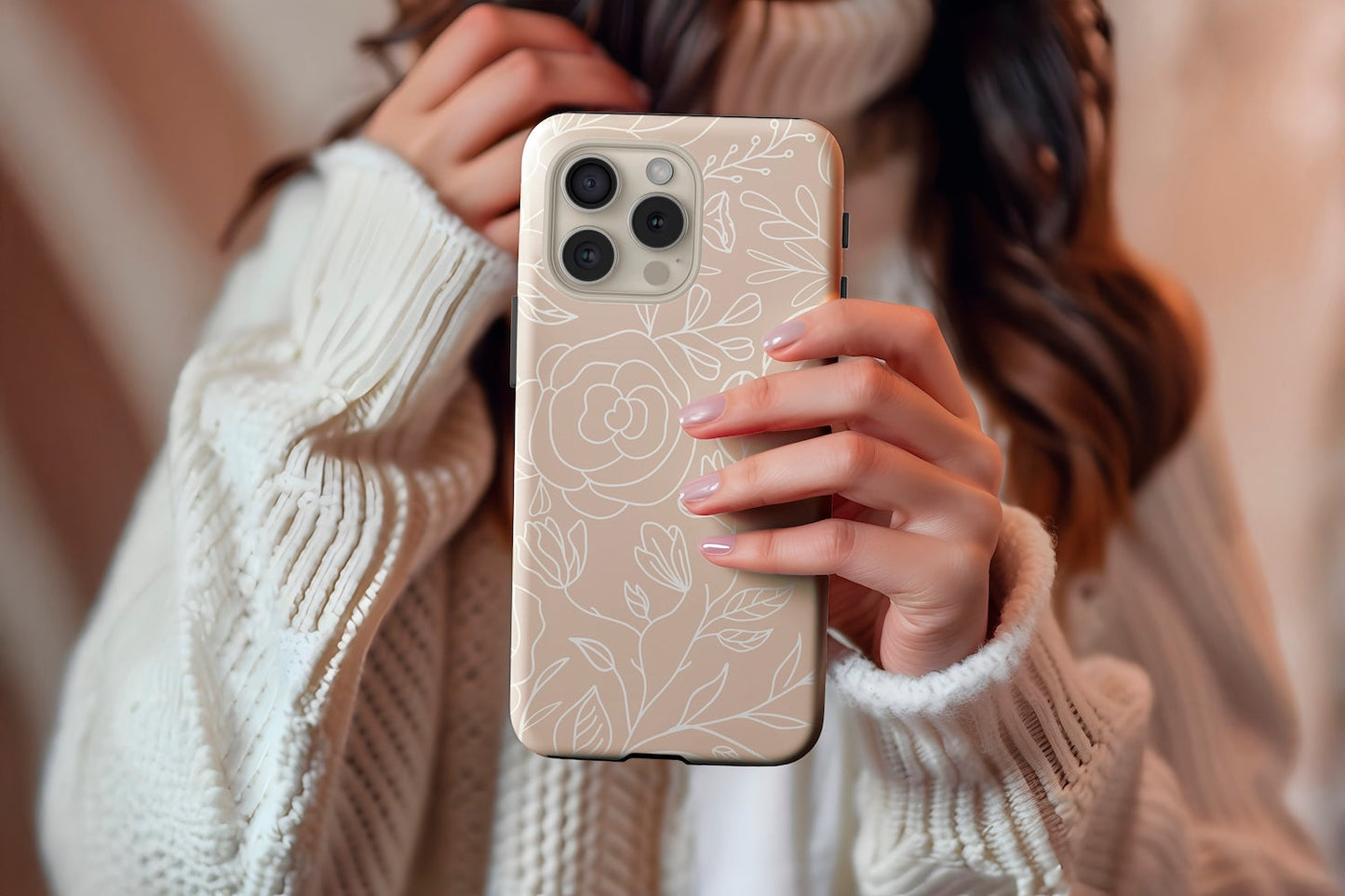 A cute girl holding our Linear Floral design phone case