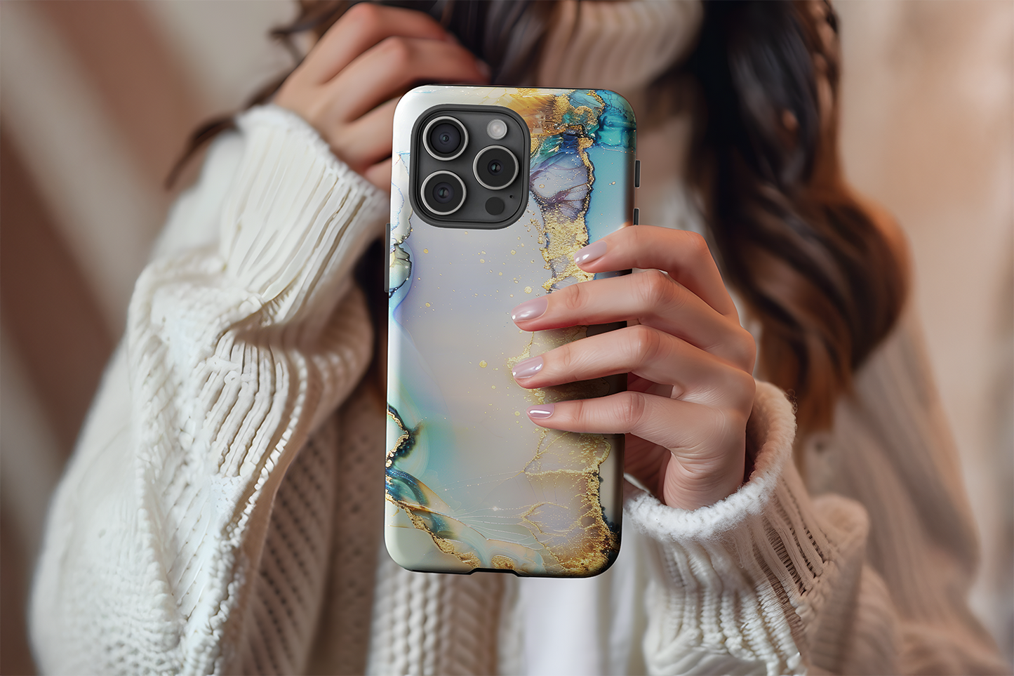 A cute girl holding our Opulent Marble design phone case